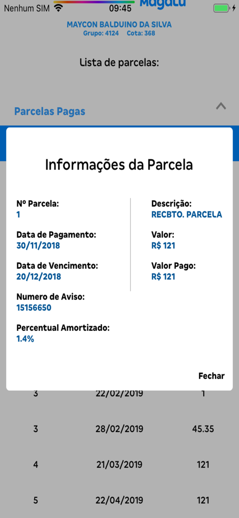 Popup de informações de parcela mostrando detalhes de pagamento no aplicativo Consórcio Magalu.