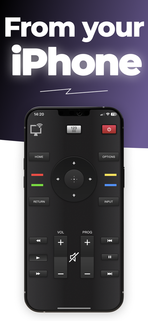 Unimote : smart TV remote - iPhone画面に表示されるUnimoteスマートTVリモコンコントロールインターフェース。
