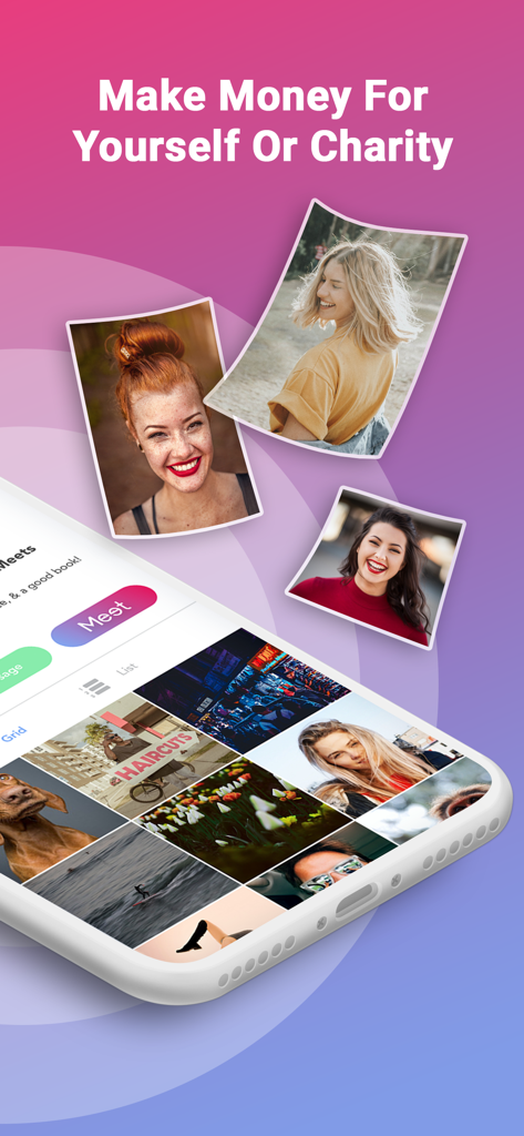 Meet - Una pantalla de smartphone que muestra la interfaz de la aplicación Meet con perfiles profesionales y un lema sobre ganar dinero para ti o para caridad.