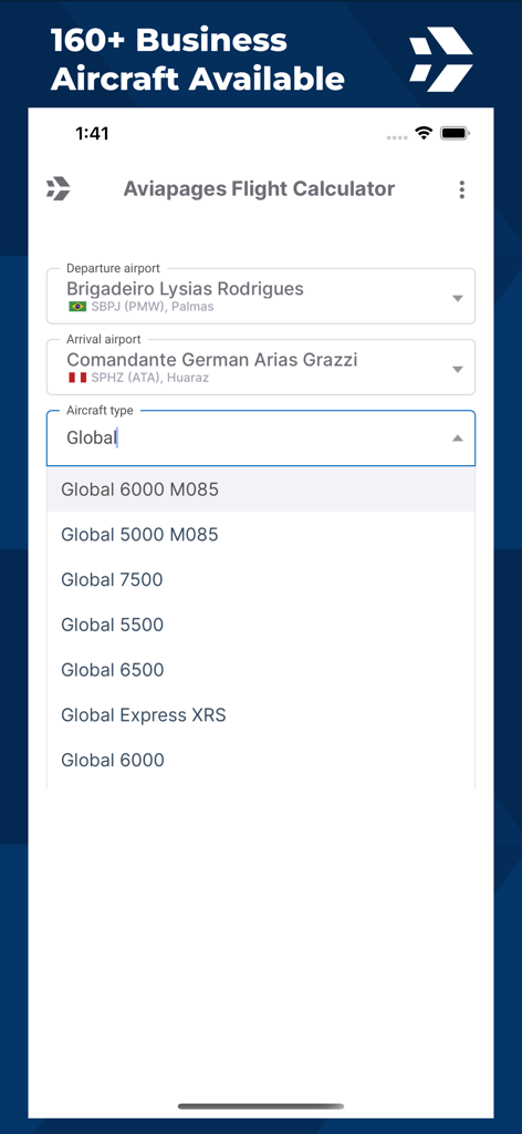 Interfaccia dell'app mobile Aviapages Flight Calculator che mostra un elenco di tipi di aeromobili da business jet da selezionare
