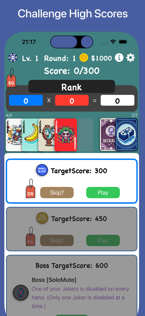 JokerPoker - Balala - Gameplay screen of JokerPoker showing joker card synergies and level target scores