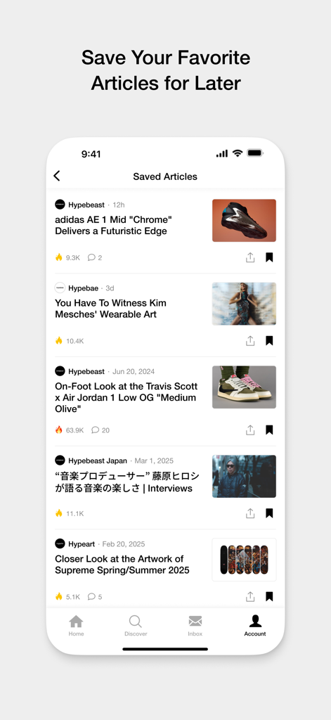 HYPE by Hypebeast - HYPE by Hypebeast app interface showing a list of saved articles about streetwear sneakers and fashion trends