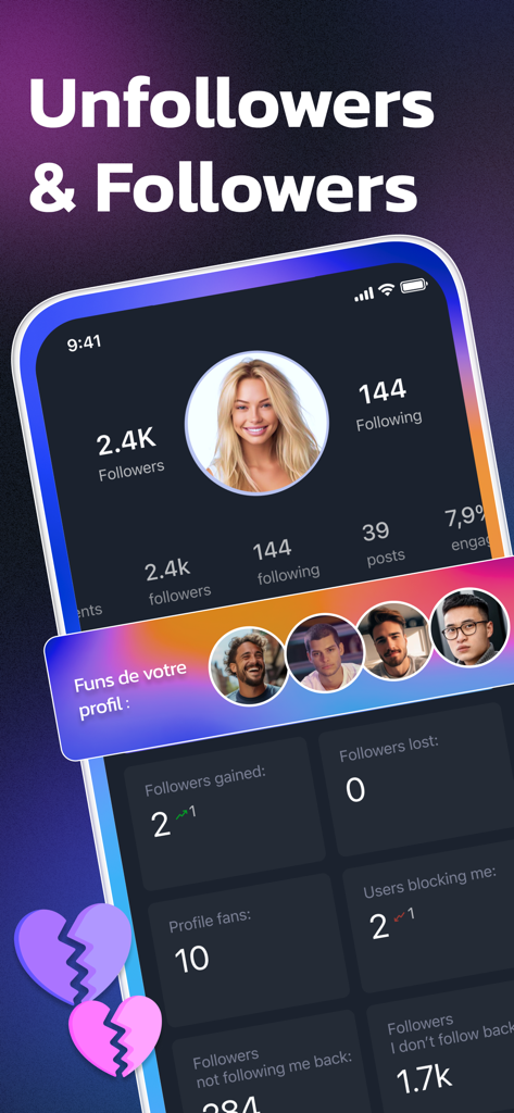 Pantalla de aplicación móvil que muestra análisis de seguidores y no seguidores de Instagram