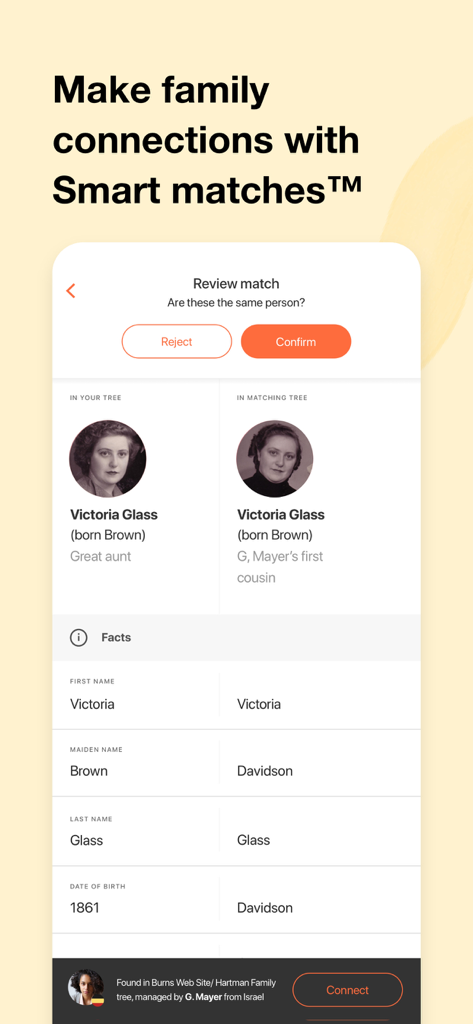 MyHeritage: Family Tree & DNA - A comparison screen in the MyHeritage app showing the Smart Matches feature to link potential family members between different trees.