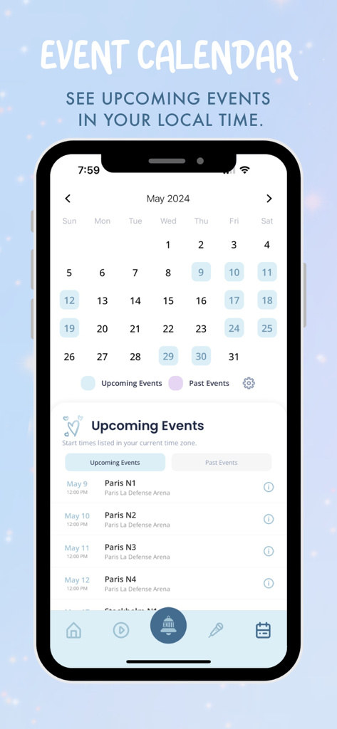 Swift Alert - Swift Alert app interface showing a monthly event calendar with upcoming concert tour dates displayed in local time