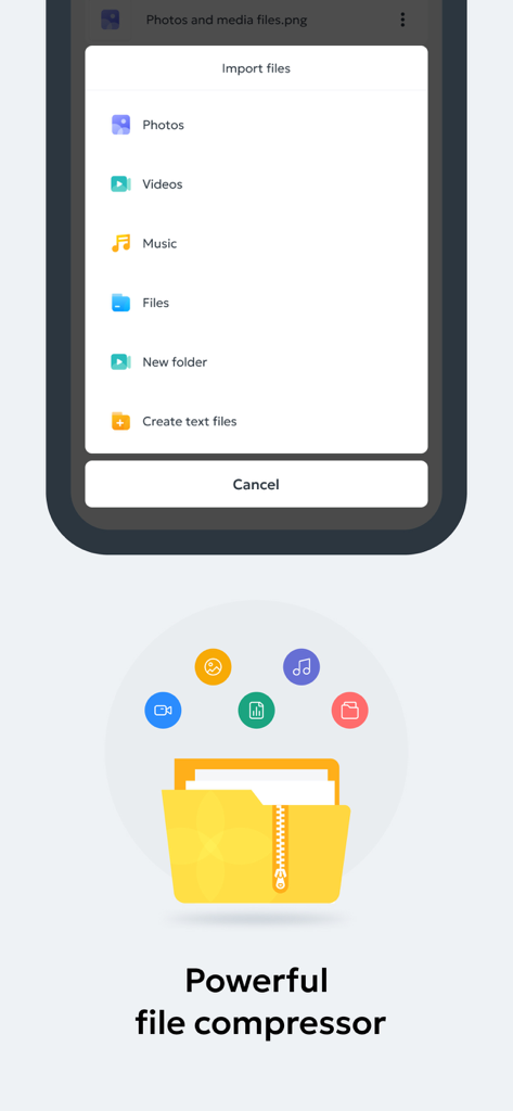 Zip & Unzip Files - Extractor - Interfaz de una aplicación compresora de archivos móvil que muestra opciones de importación para fotos y videos