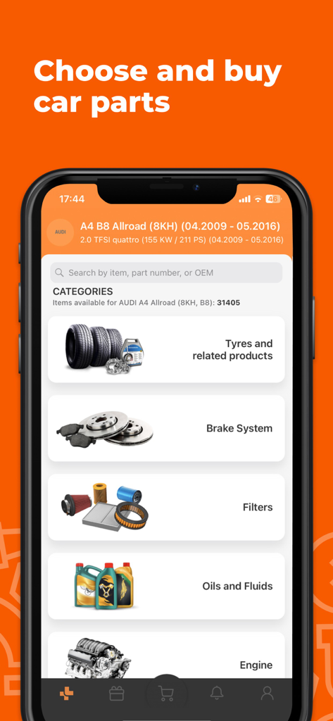 AUTODOC – shop for car parts - AUTODOC app interface displaying car part categories like tyres, brake system, and filters for an Audi A4