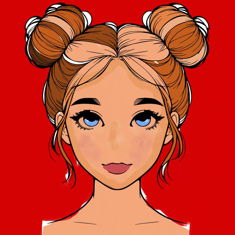 realistic girl with two buns on top of her head