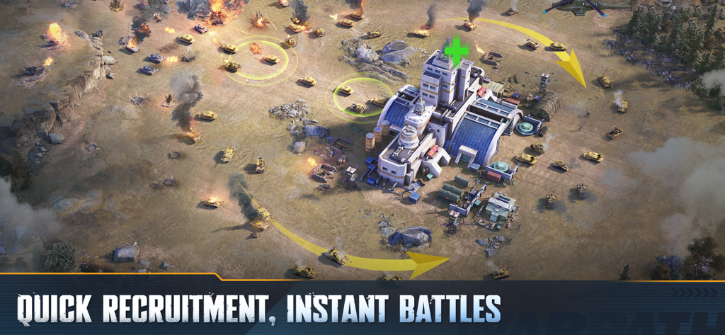 Warpath: Ace Shooter - Scena di battaglia di strategia militare in tempo reale con carri armati che attaccano una base in Warpath Ace Shooter