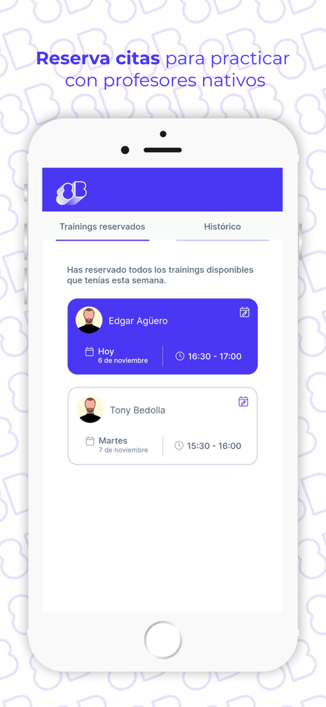Mobile screen of 8Belts app showing scheduled practice sessions with native language teachers.