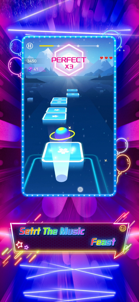 Music Hop EDM Rush - A colorful neon interface of the Music Hop EDM Rush game featuring a glowing ball hopping on magic tiles