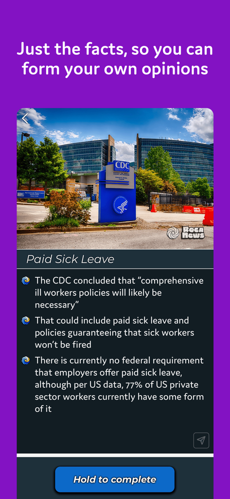 RocaNews mobile app interface showing bulleted facts about paid sick leave and a CDC building image