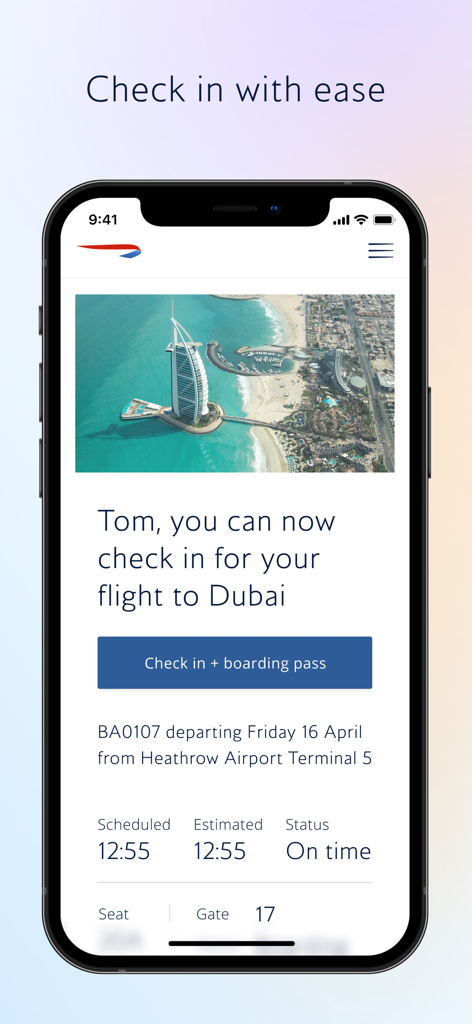 British Airways app home screen with flight check-in button and departure details for Dubai