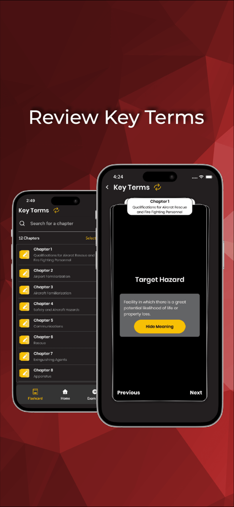 IFSTA Aircraft Rescue 6 app interface showing the key terms list and a study flashcard for target hazards.