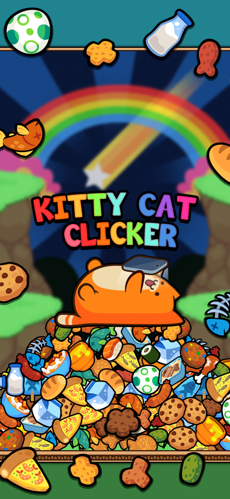 Kitty Cat Clicker - Schermata del titolo del gioco Kitty Cat Clicker con un simpatico gatto arancione sdraiato su una grande pila di snack con un arcobaleno sullo sfondo.