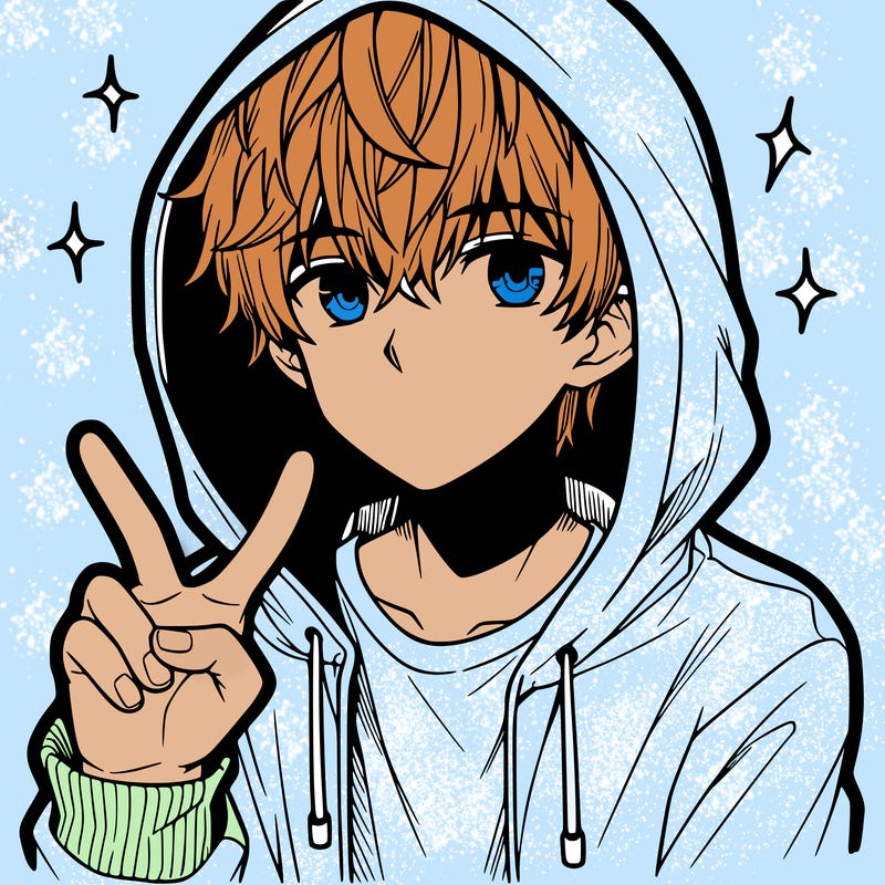 teenage manga boy in a hoodie, doing ✌