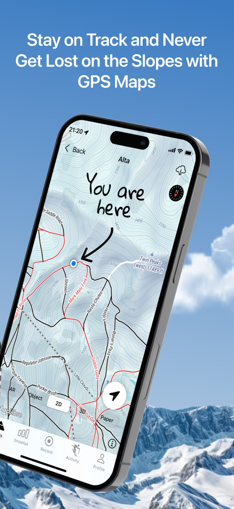 Ski Slopes Maps NEU - iPhone-Bildschirm, der eine GPS-Skipiste mit einer Anzeige deines Standorts für das Alta-Resort anzeigt.