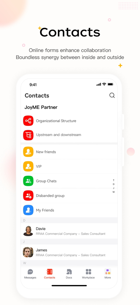 JoyME Partner - JoyME Partner app contacts screen showing organizational structure and professional contact list