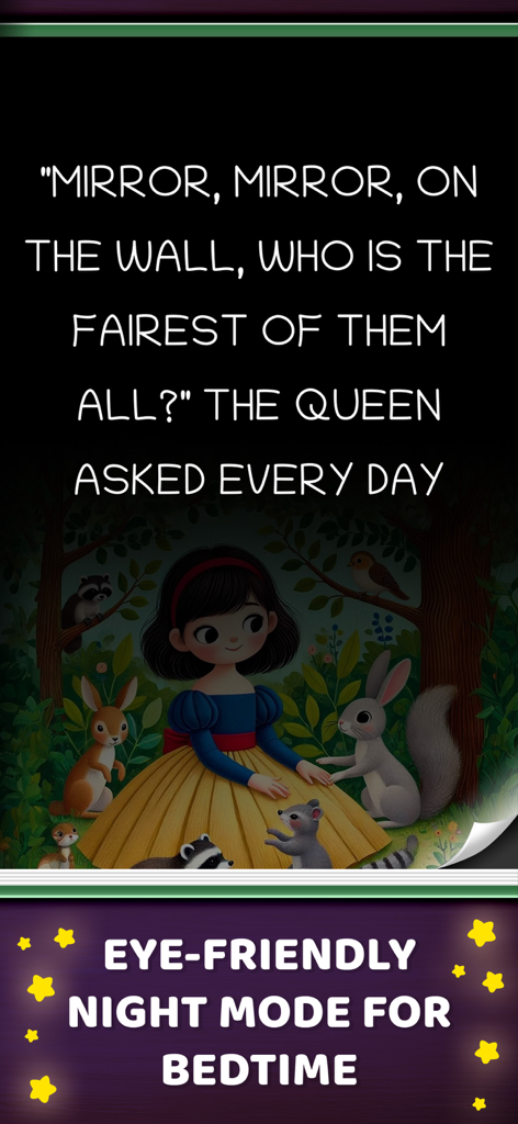 Snow White story page in eye-friendly night mode for bedtime reading