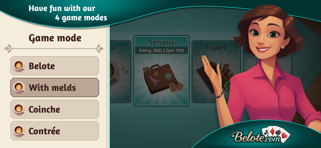 Belote.com - Coinche & Belote - L'interface de l'application Belote.com présente quatre modes de jeu : Belote, Avec mélanges, Coinche et Contree.