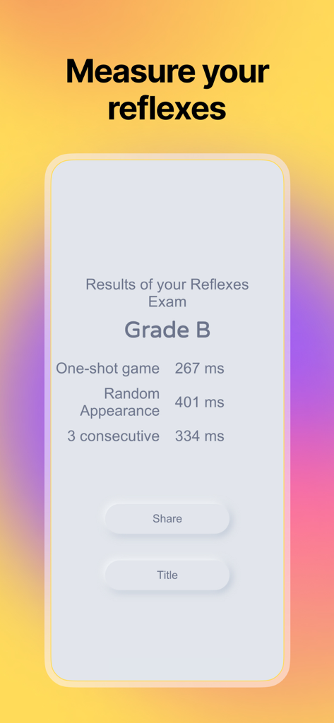 Reaction Time: Tap Test - Tela de resultados do exame de reflexos com tempos de reação em milissegundos e uma nota B.