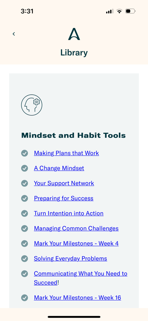 Allurion app library screen featuring mindset and habit tools for weight loss support