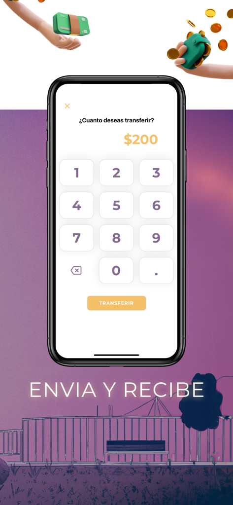 Factu - Ein mobiler App-Bildschirm für Factu, der eine Geldüberweisungsschnittstelle mit einem Ziffernblock und den Texten Senden und Empfangen auf Spanisch zeigt