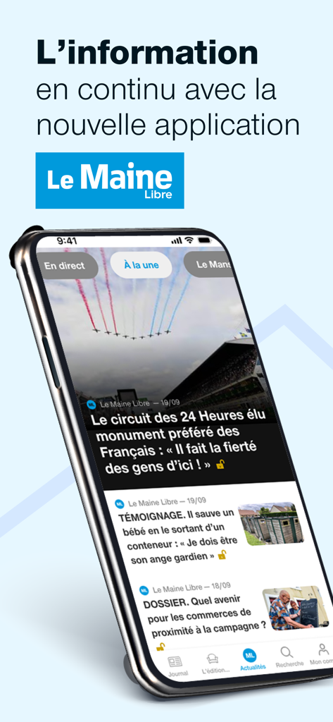 Écran de smartphone affichant l'interface de l'application d'actualités Le Maine Libre avec des articles de presse locaux français