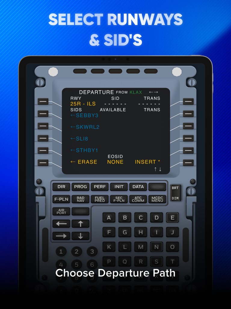 Interfaz del Airbus A320 FMS en iPad que muestra la selección de la pista de salida y SID para el aeropuerto KLAX