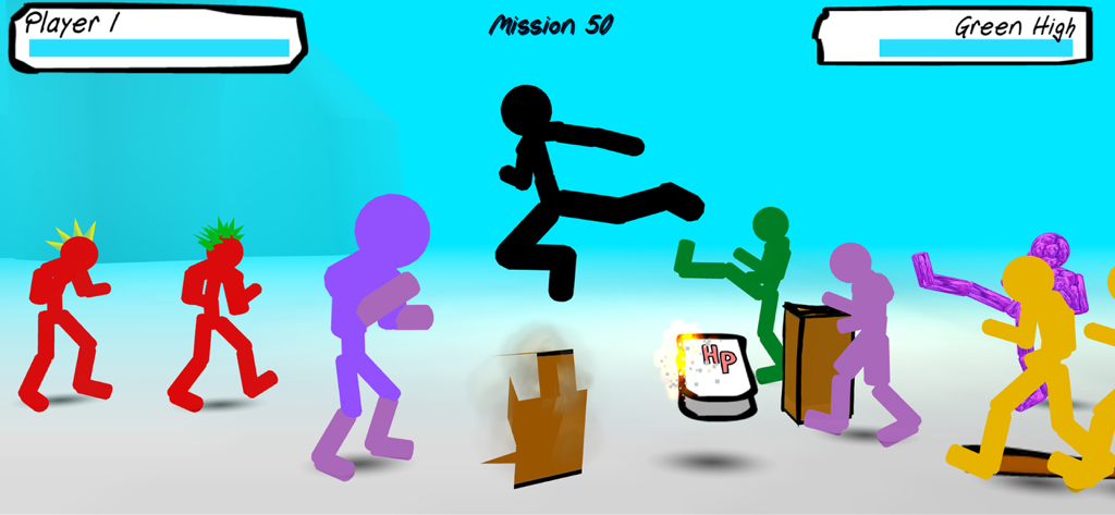Stickman Street Fighting - A black stickman character performing a jump kick against multiple colored enemies in a street fighting level