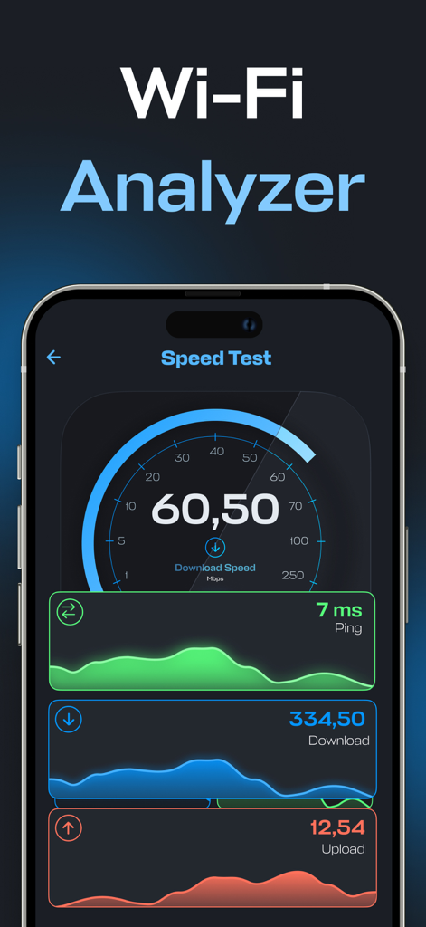 SpeedTest- Wifi Analyzer 5G 4G - Mobile app interface displaying real-time wifi speed test results including download speed, upload speed, and ping with visual data graphs.