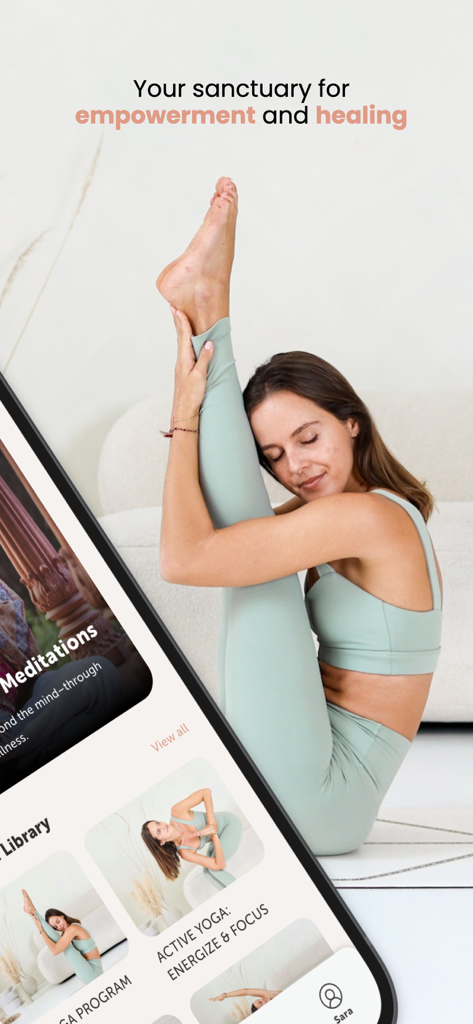 SATI studio - SATI studio app screen displaying a woman in a yoga pose with text about empowerment and healing