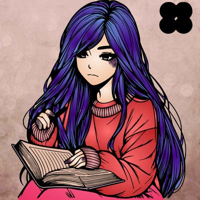 realistic girl with long hair wearing a baggie sweater reading a book