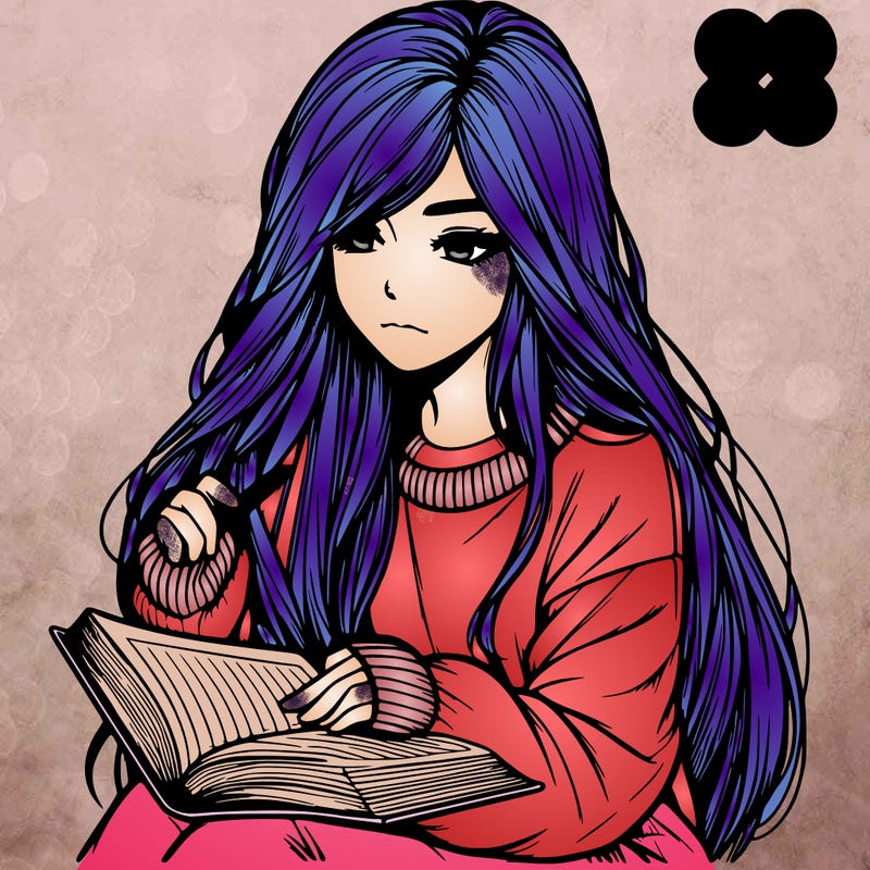 realistic girl with long hair wearing a baggie sweater reading a book