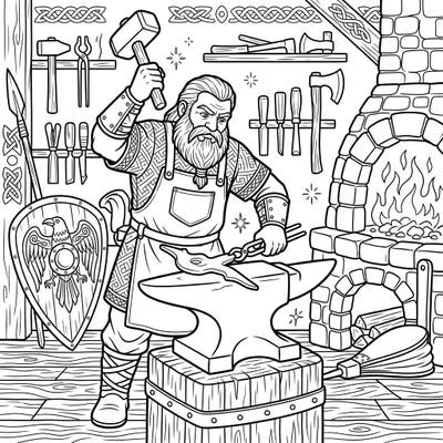 Step into a legendary Norse workshop with this captivating Viking blacksmith coloring page. Witness the powerful artisan forging metal with his hammer and anvil, surrounded by the tools of his ancient trade.