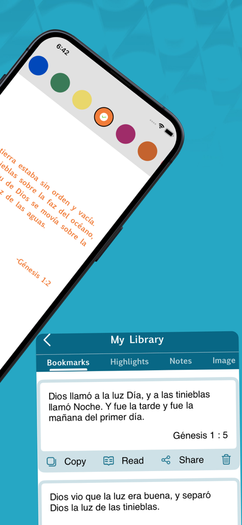 The Modern Bible in Spanish. - Interfaz móvil mostrando las funciones de marcadores y resaltado en la app de la Biblia en español.
