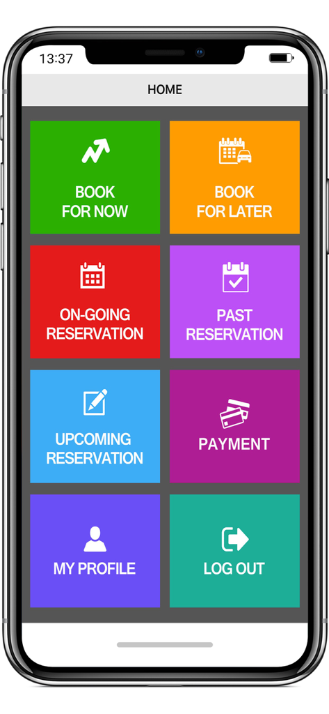 Executive Transport - Home screen of the Executive Transport app featuring a grid of options for booking, reservations, and payments