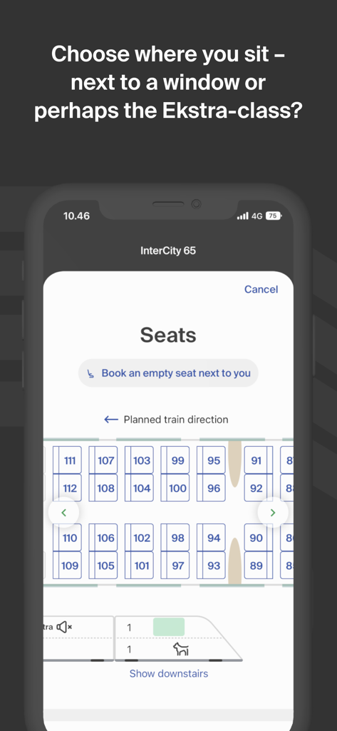 Mobile App-Bildschirm mit einer Waggon-Sitzkarte für die Ticketbuchung in Finnland