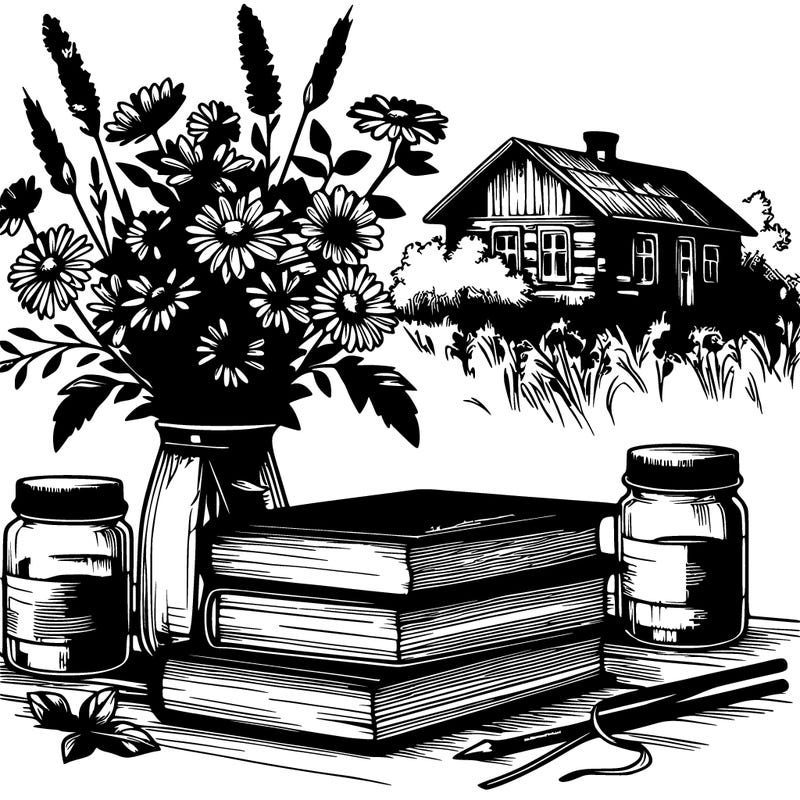 rustic books and wildflowers realistic
