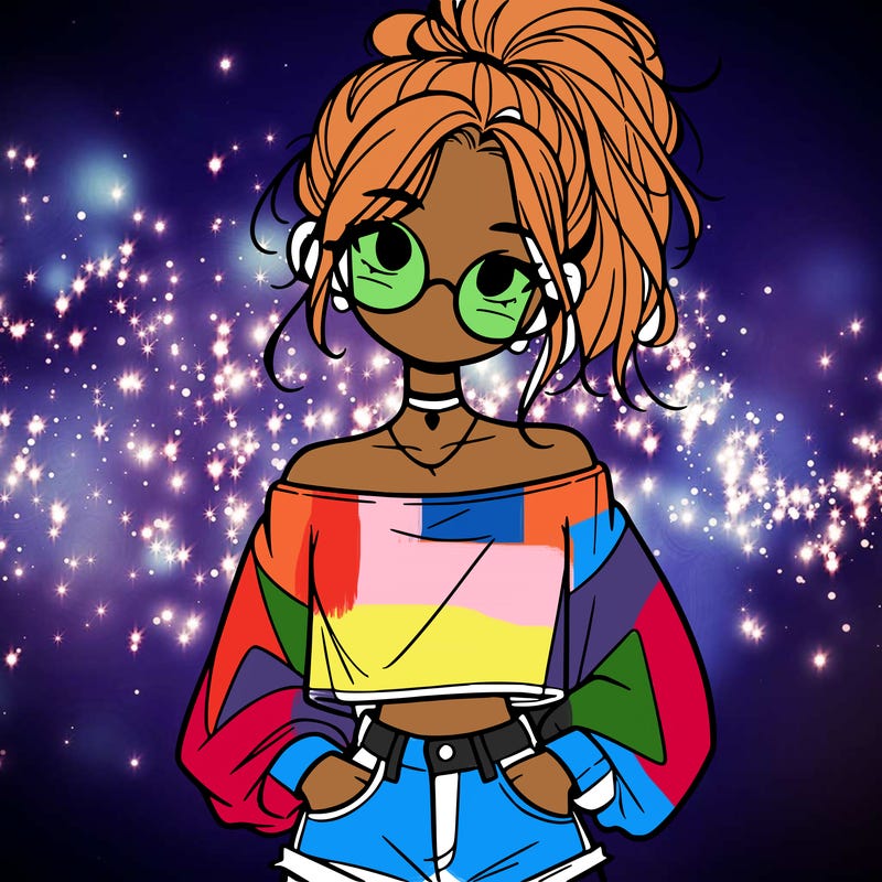 girl with a messy ponytail glasses a baggy crop top and jean shorts