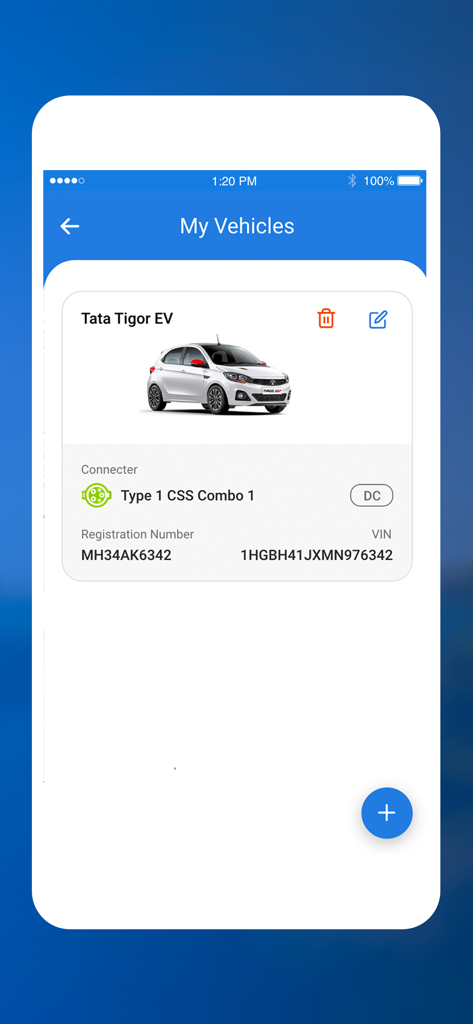 Tata Power EZ Charge - Screenshot des Bildschirms Meine Fahrzeuge in der App Tata Power EZ Charge, der einen Tata Tigor EV mit Details zum Ladeanschluss anzeigt.