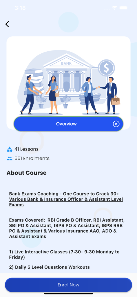 Learners Academy - Course details page for bank exam coaching in the Learners Academy app showing lesson count and enrollment options