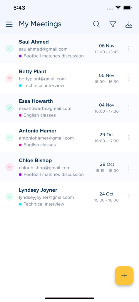 SimplyMeet.me - SimplyMeet mobile app interface showing a list of scheduled business meetings with status indicators and contact details.