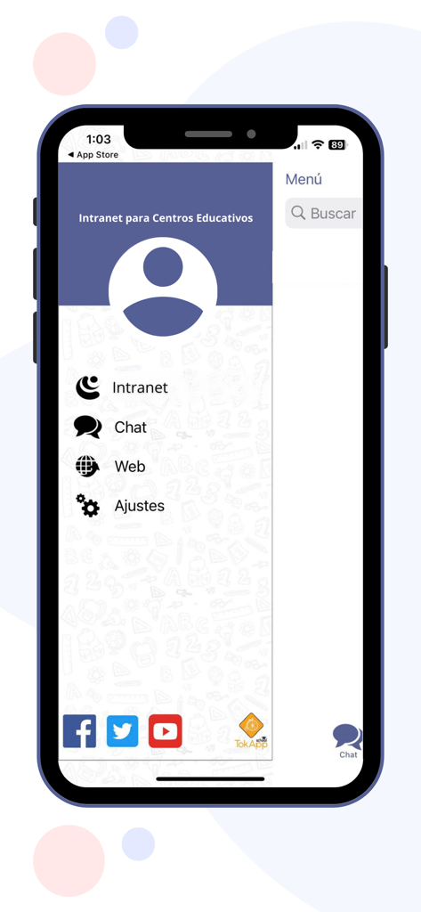 iEduca TokApp - Navigation menu of the iEduca TokApp showing options for intranet chat and settings