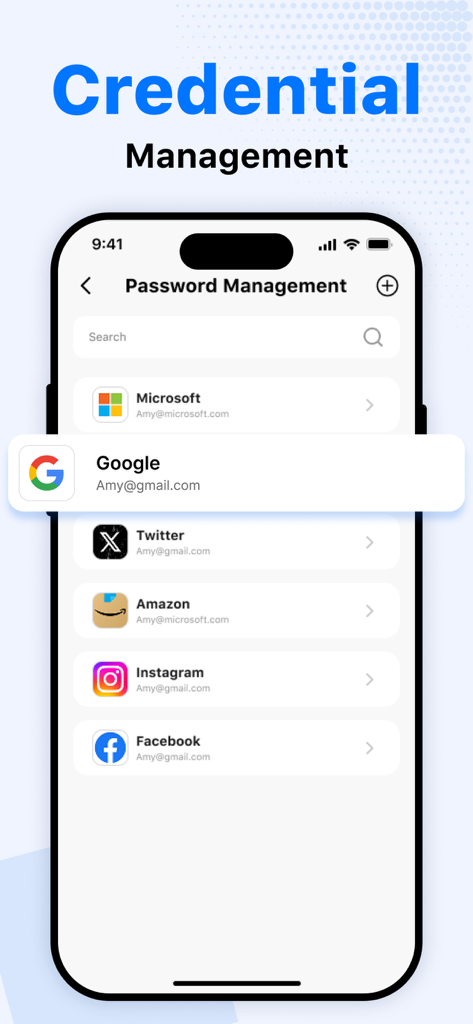 Smartphone-Oberfläche der Authenticator App zeigt eine Liste verwalteter Anmeldedaten für Microsoft, Google und Amazon