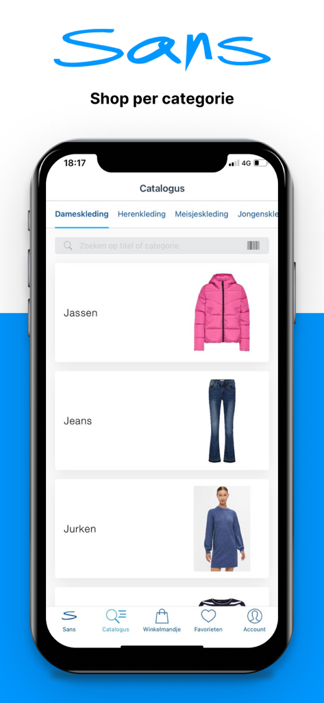 Sans-online app screen showing clothing categories like jackets and jeans