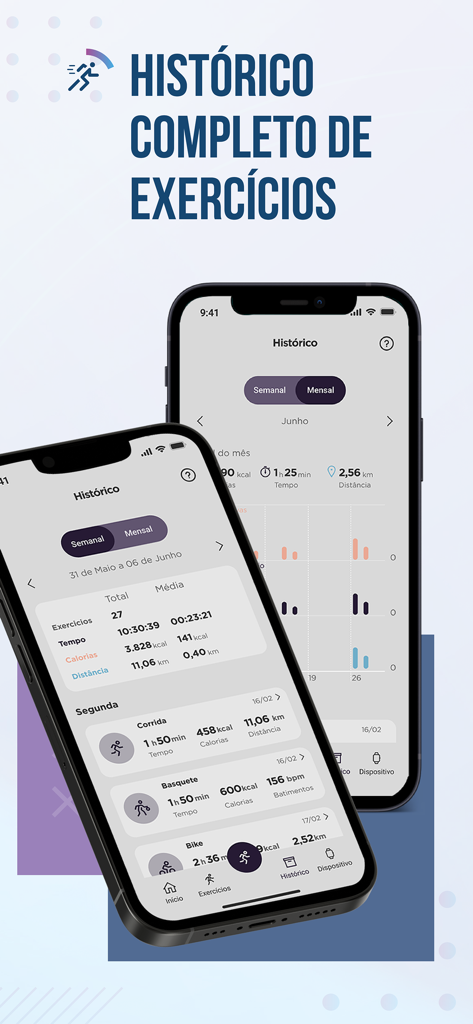 Condor Smart - Pantalla de historial de ejercicios completo en la aplicación Condor Smart que muestra registros de entrenamiento para correr y baloncesto