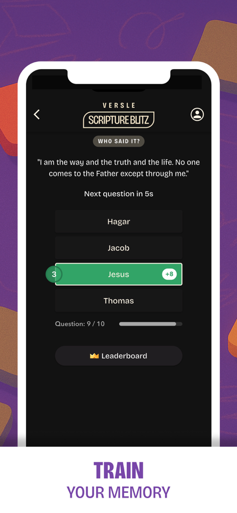 Scripture Blitz game mode in the Versle app showing a Bible verse trivia question
