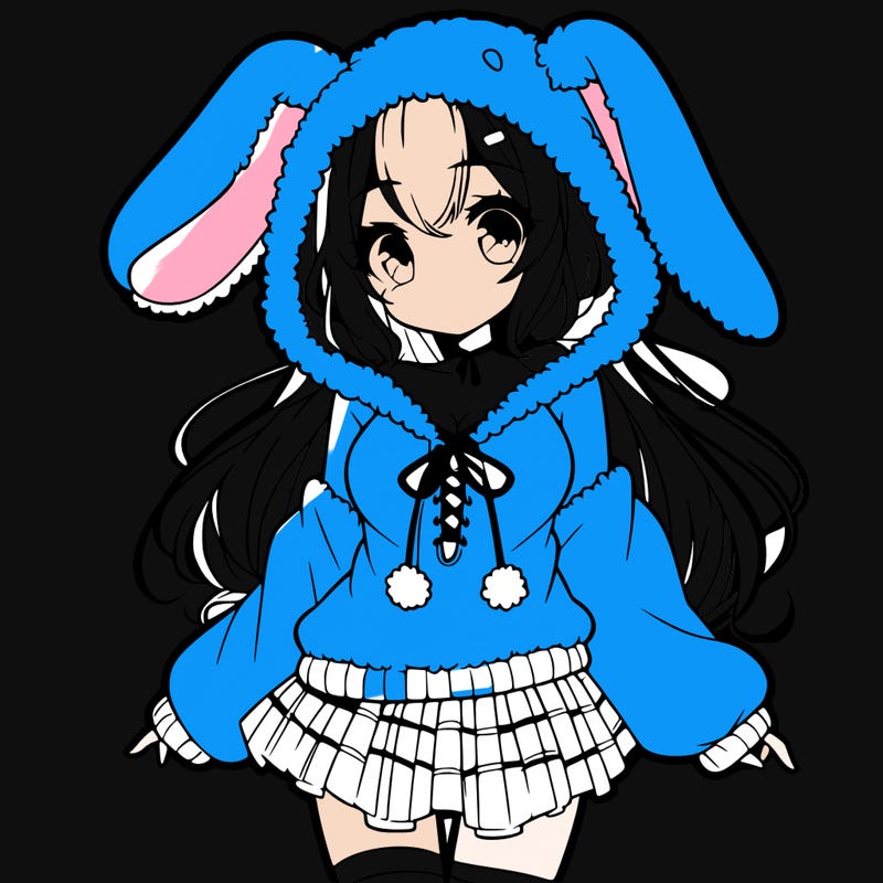 pretty anime girl wearing a fluffy hoodie with bunny ears on the hood and a skirt