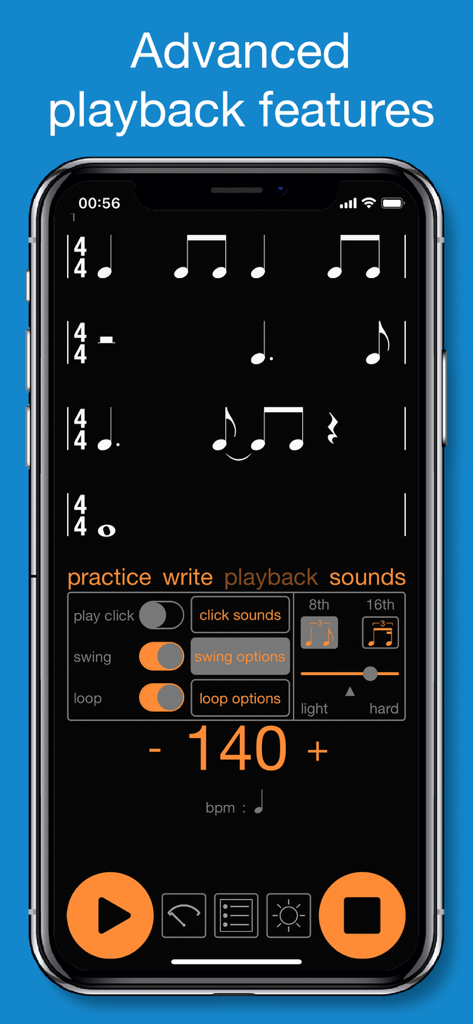 Rhythm+ - Captura de pantalla de la aplicación Rhythm plus que muestra notación musical en cuatro pentagramas con controles de reproducción avanzados para swing, loop y tempo a 140 bpm